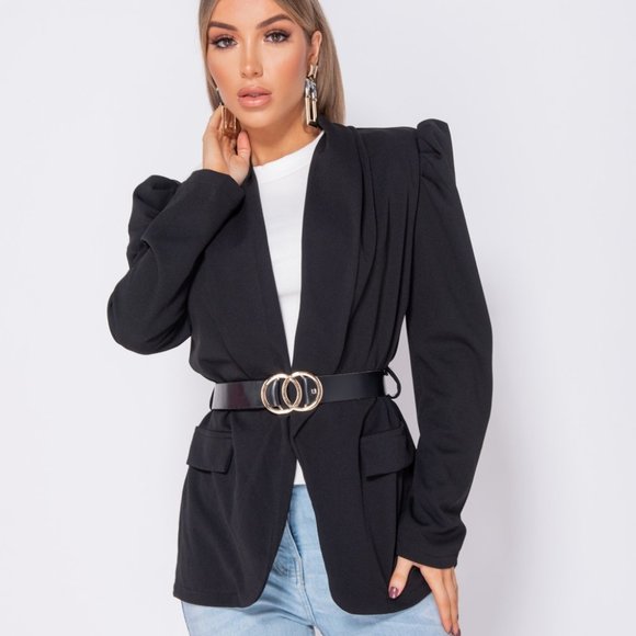 LAST 1 Black Long Puff Sleeve Belted Blazer Jacket - Picture 2 of 8